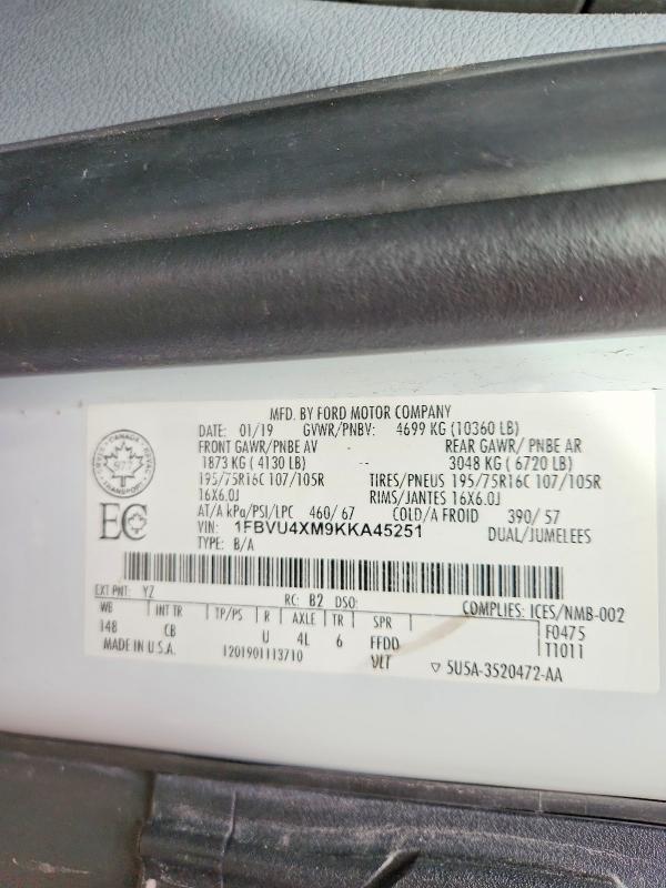 2019 Ford Transit მანქანა იყიდება აუქციონზე, vin: 1FBVU4XM9KKA45251, აუქციონის ნომერი: 71456236