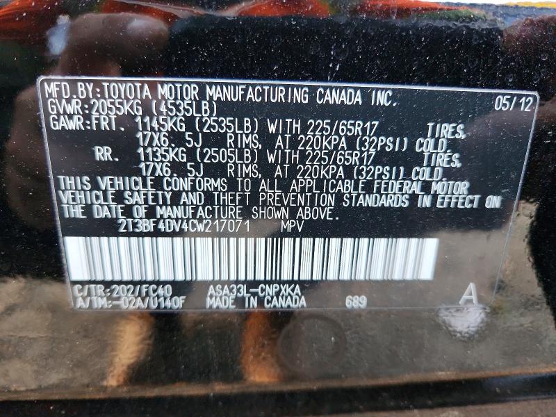 Продаж на аукціоні авто 2012 Toyota Rav4, vin: 2T3BF4DV4CW217071, номер лоту: 71399926