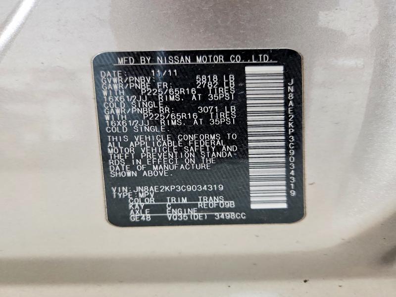 Aukcja sprzedaży 2012 Nissan Quest, vin: JN8AE2KP3C9034319, numer aukcji: 59410466
