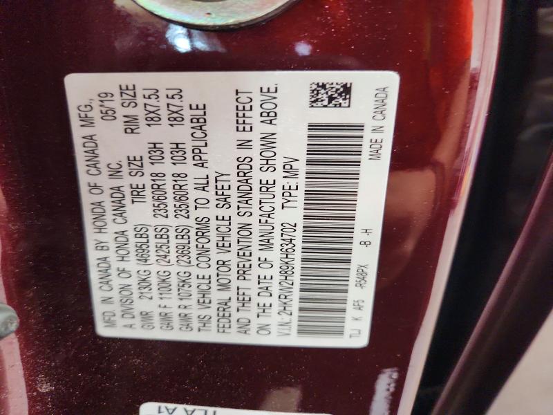 70408146 :رقم المزاد ، 2HKRW2H89KH634702 vin ، 2019 Honda Cr-v مزاد بيع