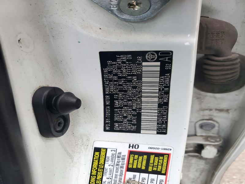 2019 Toyota Corolla მანქანა იყიდება აუქციონზე, vin: 2T1BURHE7KC193063, აუქციონის ნომერი: 71896146