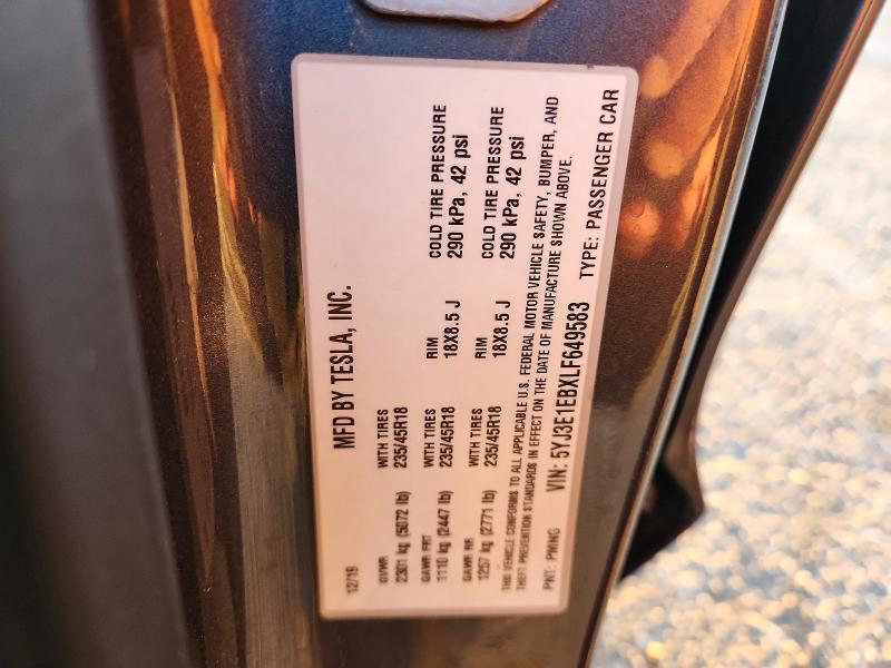 2020 Tesla Model 3 მანქანა იყიდება აუქციონზე, vin: 5YJ3E1EBXLF649583, აუქციონის ნომერი: 71477976