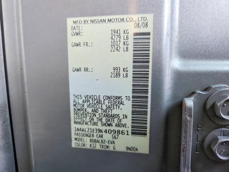 71044576 :رقم المزاد ، 1N4AL21E39N409861 vin ، 2009 Nissan Altima مزاد بيع