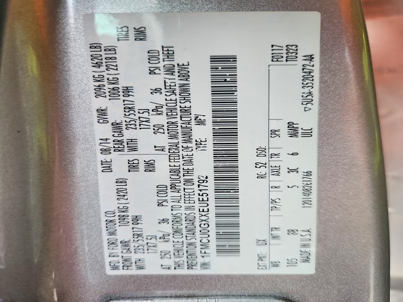 2014 Ford Escape მანქანა იყიდება აუქციონზე, vin: 1FMCU0GXXEUE51792, აუქციონის ნომერი: 71032926