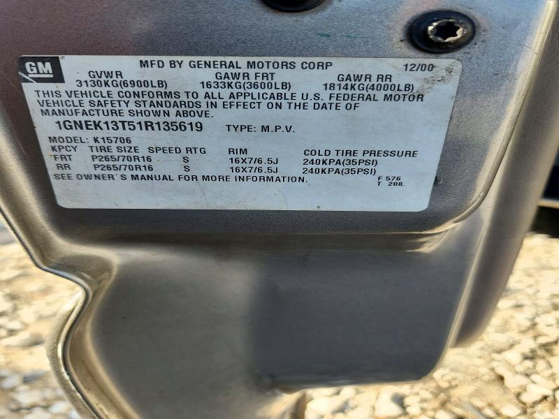 72560126 :رقم المزاد ، 1GNEK13T51R135619 vin ، 2001 Chevrolet Tahoe مزاد بيع