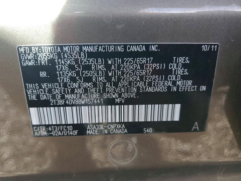 2011 Toyota Rav4 მანქანა იყიდება აუქციონზე, vin: 2T3BF4DV8BW157441, აუქციონის ნომერი: 71228306