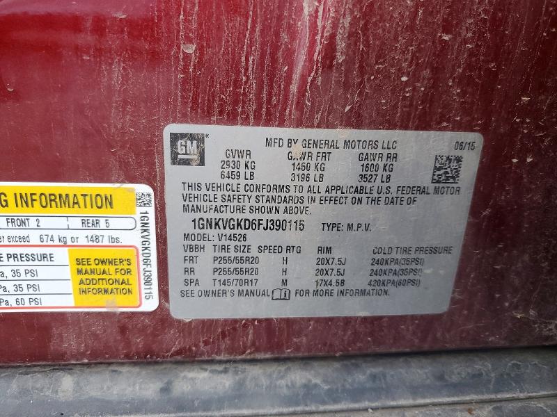 72511856 :رقم المزاد ، 1GNKVGKD6FJ390115 vin ، 2015 Chevrolet Traverse مزاد بيع