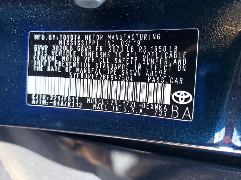 Aukcja sprzedaży 2019 Toyota Corolla, vin: 5YFBURHE2KP947504, numer aukcji: 72360096