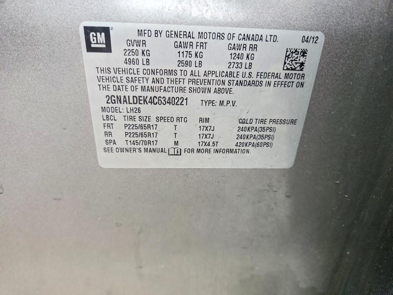 71389216 :رقم المزاد ، 2GNALDEK4C6340221 vin ، 2012 Chevrolet Equinox مزاد بيع