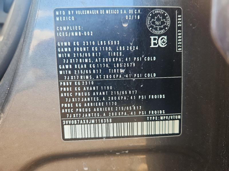 2018 Volkswagen Tiguan მანქანა იყიდება აუქციონზე, vin: 3VV0B7AX9JM116358, აუქციონის ნომერი: 71634046