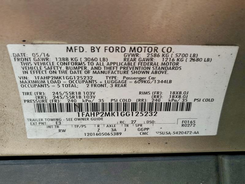 71569516 :رقم المزاد ، 1FAHP2MK1GG125232 vin ، 2016 Ford Taurus مزاد بيع