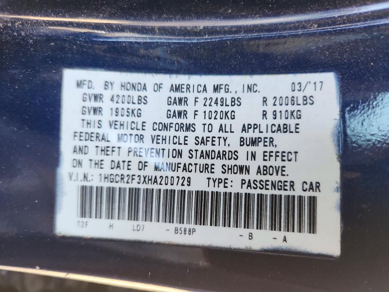 Продаж на аукціоні авто 2017 Honda Accord, vin: 1HGCR2F3XHA200729, номер лоту: 72001136