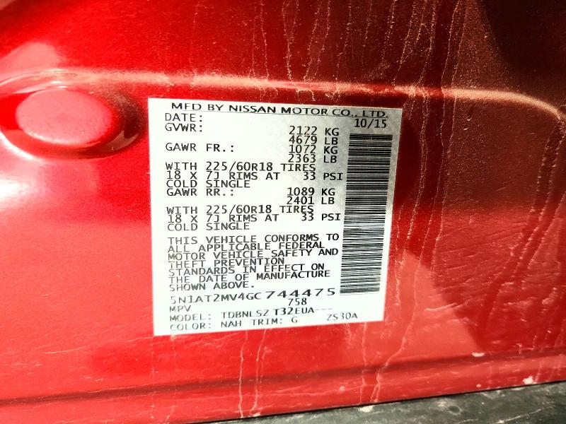 71542426 :رقم المزاد ، 5N1AT2MV4GC744475 vin ، 2016 Nissan Rogue مزاد بيع