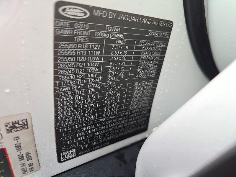 Aukcja sprzedaży 2019 Land Rover Range Rover Velar, vin: SALYL2EX2KA220791, numer aukcji: 71727276
