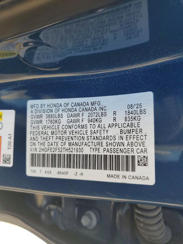 Продажа на аукционе авто 2026 Honda Civic, vin: 2HGFE2F52TH521930, номер лота: 71673776