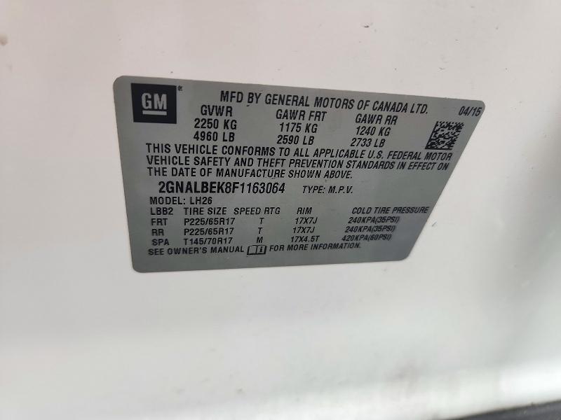 Продаж на аукціоні авто 2015 Chevrolet Equinox, vin: 2GNALBEK8F1163064, номер лоту: 72001316
