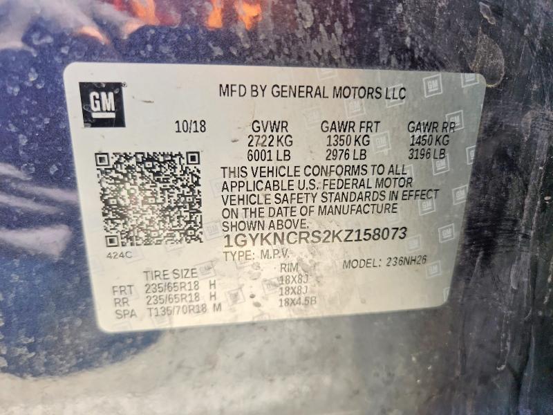 72043086 :رقم المزاد ، 1GYKNCRS2KZ158073 vin ، 2019 Cadillac Xt5 مزاد بيع