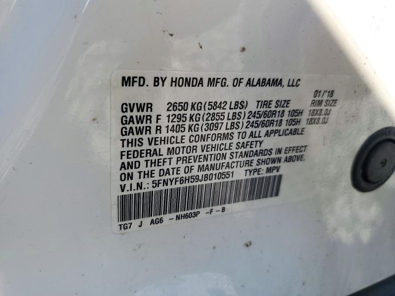Продаж на аукціоні авто 2018 Honda Pilot, vin: 5FNYF6H59JB010551, номер лоту: 72140896