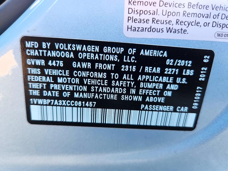 2012 Volkswagen Passat მანქანა იყიდება აუქციონზე, vin: 1VWBP7A3XCC061457, აუქციონის ნომერი: 72754886