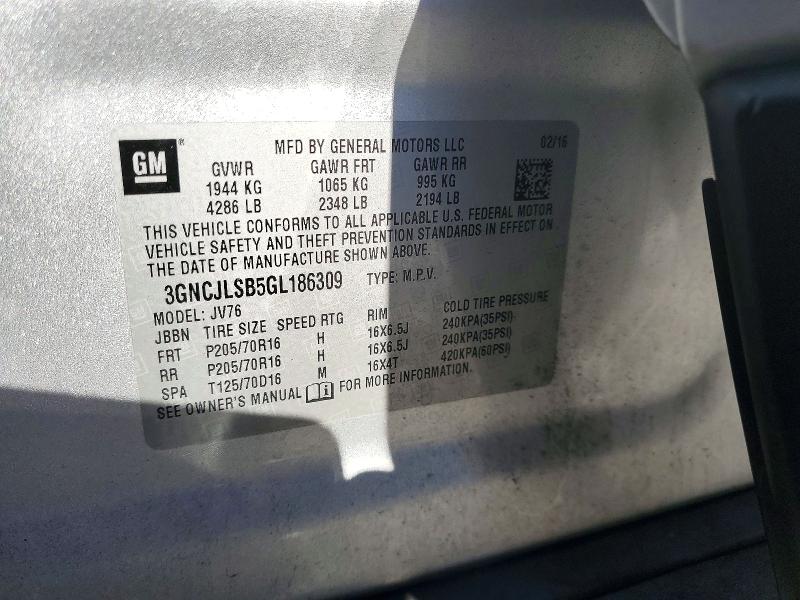 Aukcja sprzedaży 2016 Chevrolet Trax, vin: 3GNCJLSB5GL186309, numer aukcji: 72995636