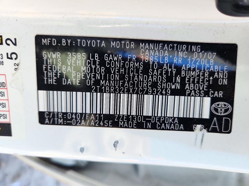Продажа на аукционе авто 2007 Toyota Corolla, vin: 2T1BR32EX7C793249, номер лота: 72160336