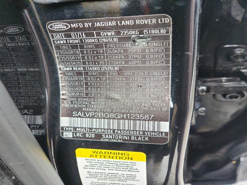71745706 :رقم المزاد ، SALVP2BG8GH123587 vin ، 2016 Land Rover Range Rover Evoque مزاد بيع