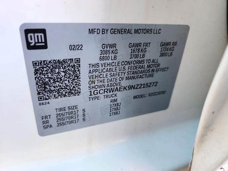 71895376 :رقم المزاد ، 1GCRWAEK9NZ215272 vin ، 2022 Chevrolet Silverado Ltd مزاد بيع