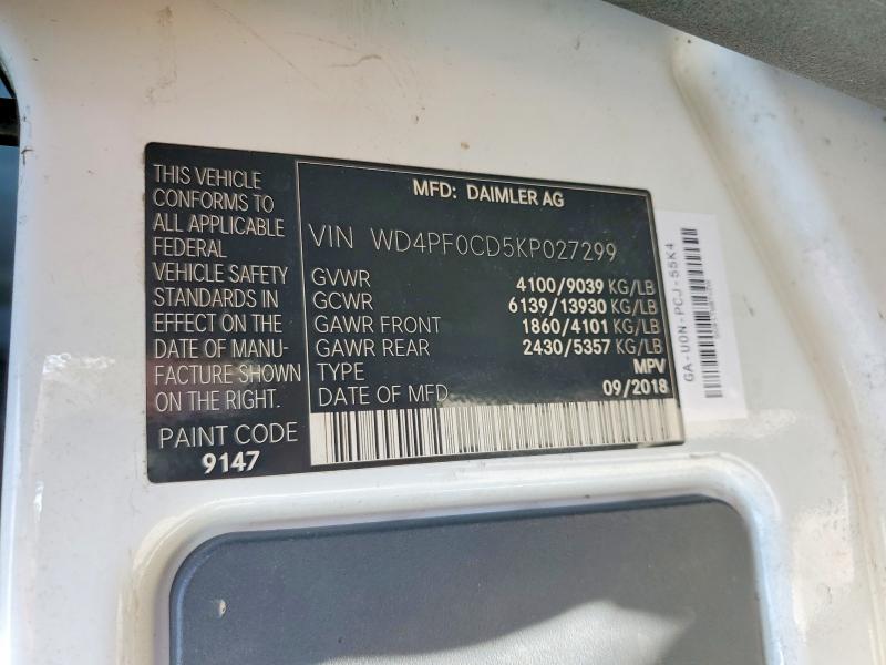 71390556 :رقم المزاد ، WD4PF0CD5KP027299 vin ، 2019 Mercedes-benz Sprinter مزاد بيع