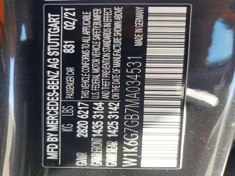 72391676 :رقم المزاد ، W1K6G7GB7MA034531 vin ، 2021 Mercedes-benz S مزاد بيع