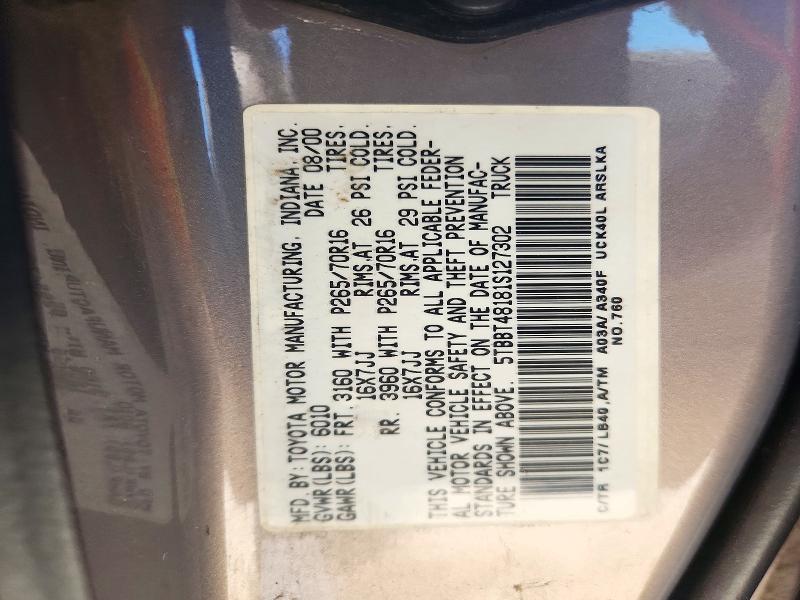 2001 Toyota Tundra მანქანა იყიდება აუქციონზე, vin: 5TBBT48181S127302, აუქციონის ნომერი: 72040886