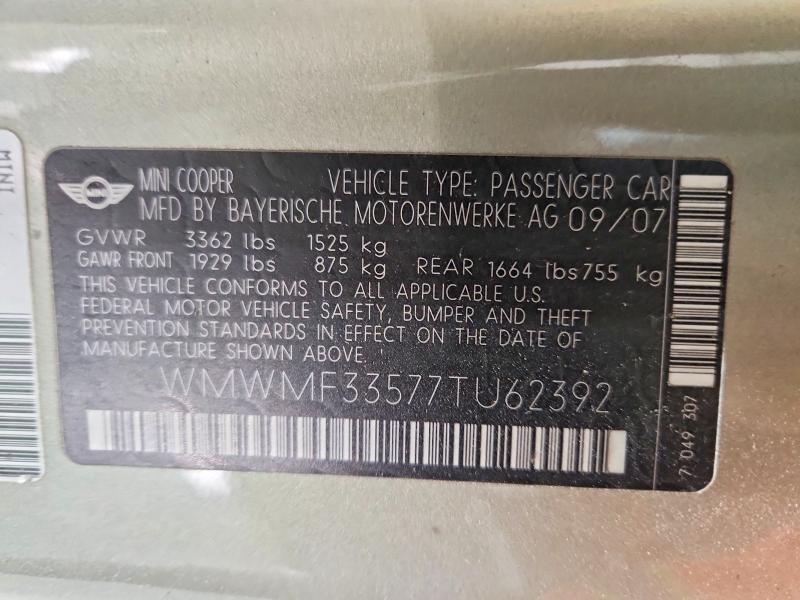 2007 Mini Cooper მანქანა იყიდება აუქციონზე, vin: WMWMF33577TU62392, აუქციონის ნომერი: 71269996