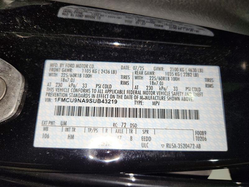 72297346 :رقم المزاد ، 1FMCU9NA9SUB43219 vin ، 2025 Ford Escape مزاد بيع