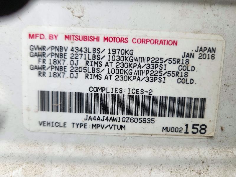 Продаж на аукціоні авто 2016 Mitsubishi Rvr, vin: JA4AJ4AW1GZ605835, номер лоту: 70833396