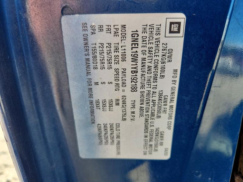 72006366 :رقم المزاد ، 1GNEL19W1YB192188 vin ، 2000 Chevrolet Astro مزاد بيع