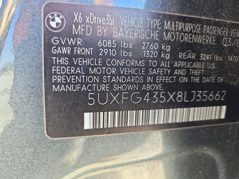 2008 Bmw X6 მანქანა იყიდება აუქციონზე, vin: 5UXFG435X8LJ35662, აუქციონის ნომერი: 72962376