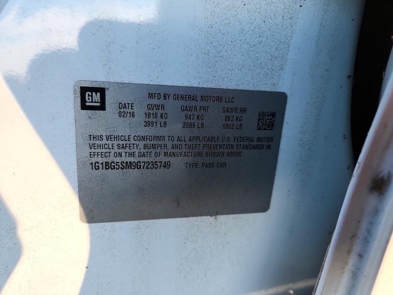 2016 Chevrolet Cruze მანქანა იყიდება აუქციონზე, vin: 1G1BG5SM9G7235749, აუქციონის ნომერი: 71899056
