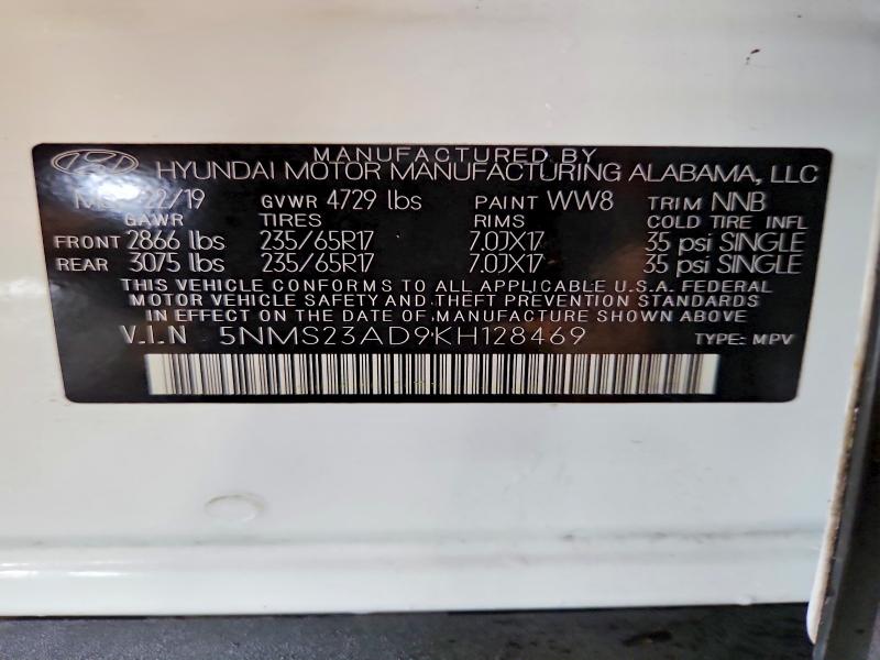 2019 Hyundai Santa Fe მანქანა იყიდება აუქციონზე, vin: 5NMS23AD9KH128469, აუქციონის ნომერი: 71758986