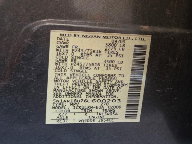 Aukcja sprzedaży 2006 Nissan Pathfinder, vin: 5N1AR18U76C600203, numer aukcji: 71812366
