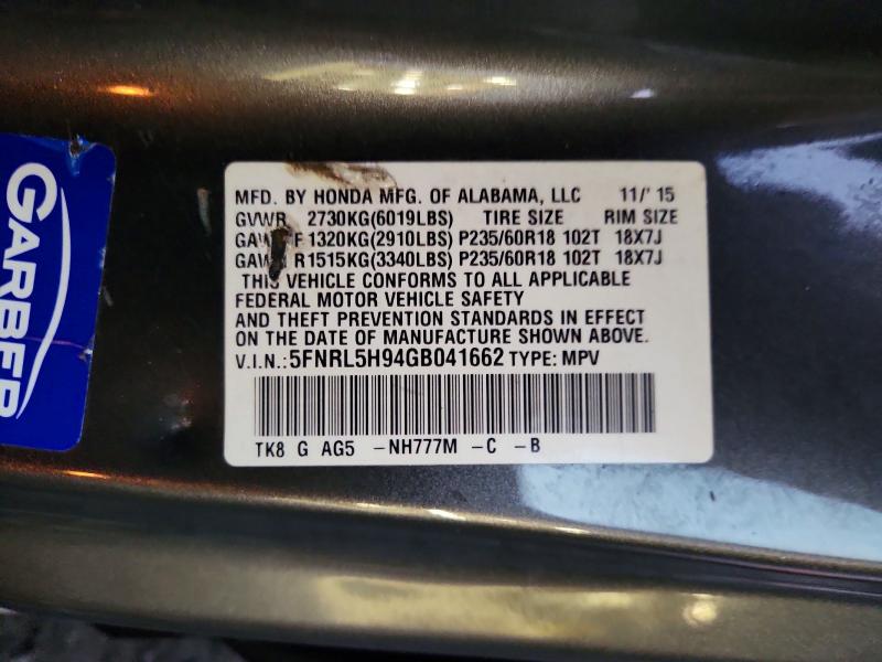 Aukcja sprzedaży 2016 Honda Odyssey, vin: 5FNRL5H94GB041662, numer aukcji: 72917056