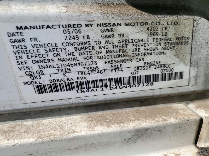 Aukcja sprzedaży 2006 Nissan Altima, vin: 1N4AL11D46N407128, numer aukcji: 72193376