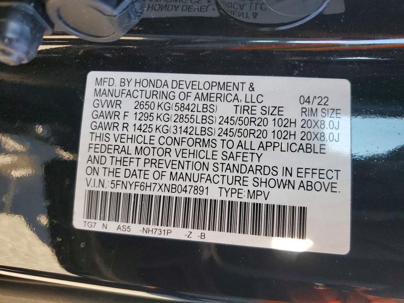 71237296 :رقم المزاد ، 5FNYF6H7XNB047891 vin ، 2022 Honda Pilot مزاد بيع