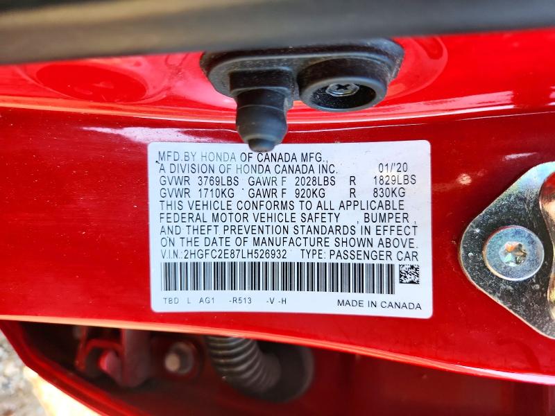72894916 :رقم المزاد ، 2HGFC2E87LH526932 vin ، 2020 Honda Civic مزاد بيع