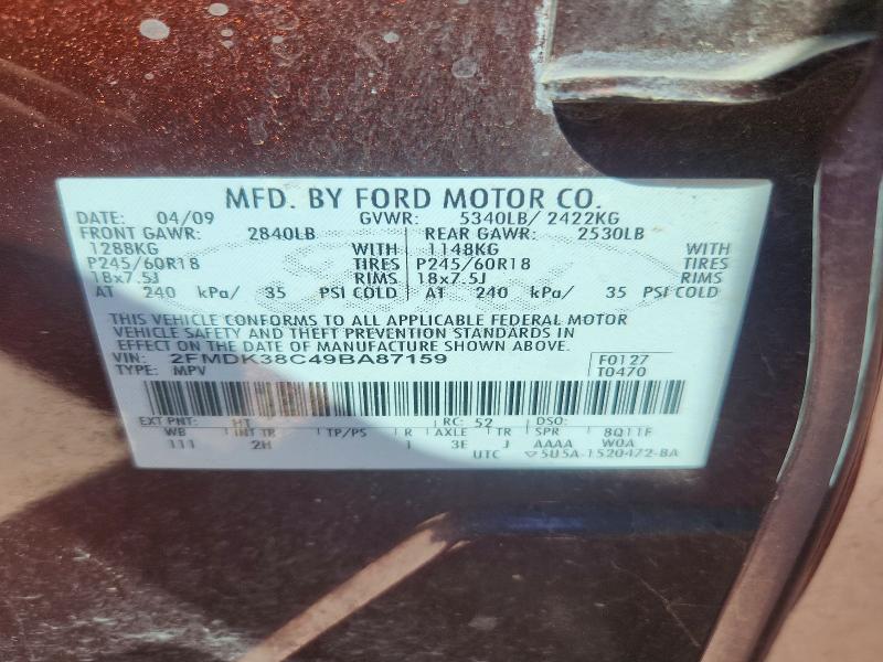 71466306 :رقم المزاد ، 2FMDK38C49BA87159 vin ، 2009 Ford Edge مزاد بيع