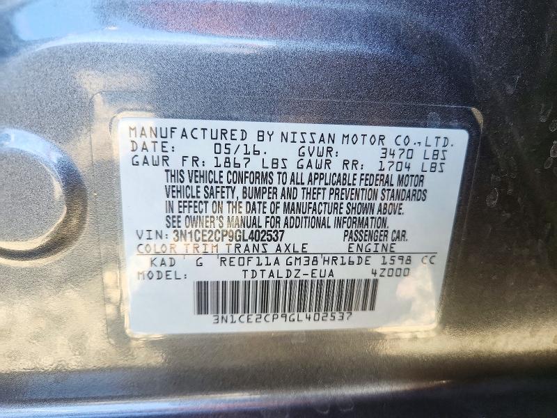 72178706 :رقم المزاد ، 3N1CE2CP9GL402537 vin ، 2016 Nissan Versa Note مزاد بيع