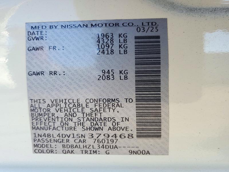 Aukcja sprzedaży 2025 Nissan Altima, vin: 1N4BL4DV1SN379468, numer aukcji: 71546666