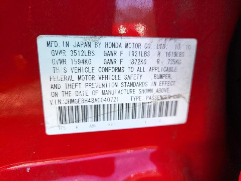 2010 Honda Fit მანქანა იყიდება აუქციონზე, vin: JHMGE8H48AC040721, აუქციონის ნომერი: 72620556