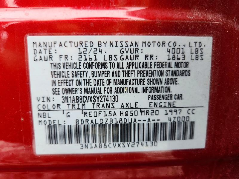 2025 Nissan Sentra მანქანა იყიდება აუქციონზე, vin: 3N1AB8CVXSY274130, აუქციონის ნომერი: 71490106