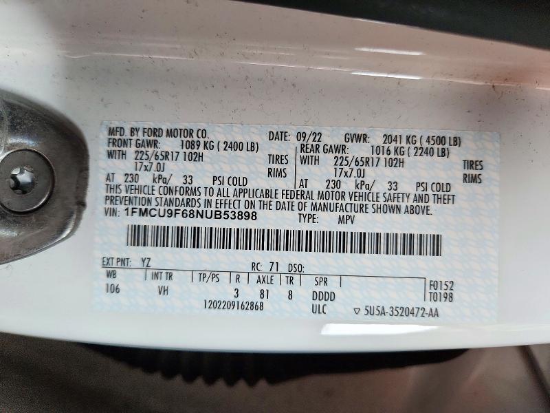Продажа на аукционе авто 2022 Ford Escape, vin: 1FMCU9F68NUB53898, номер лота: 72258486