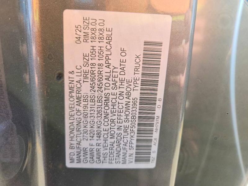 2025 Honda Ridgeline მანქანა იყიდება აუქციონზე, vin: 5FPYK3F50SB033965, აუქციონის ნომერი: 71302276