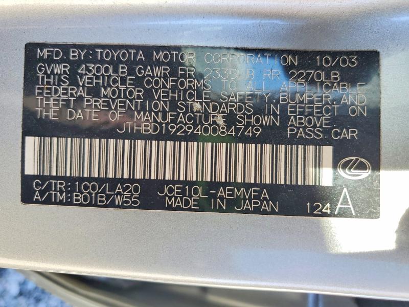 Aukcja sprzedaży 2004 Lexus Is, vin: JTHBD192940084749, numer aukcji: 71297986